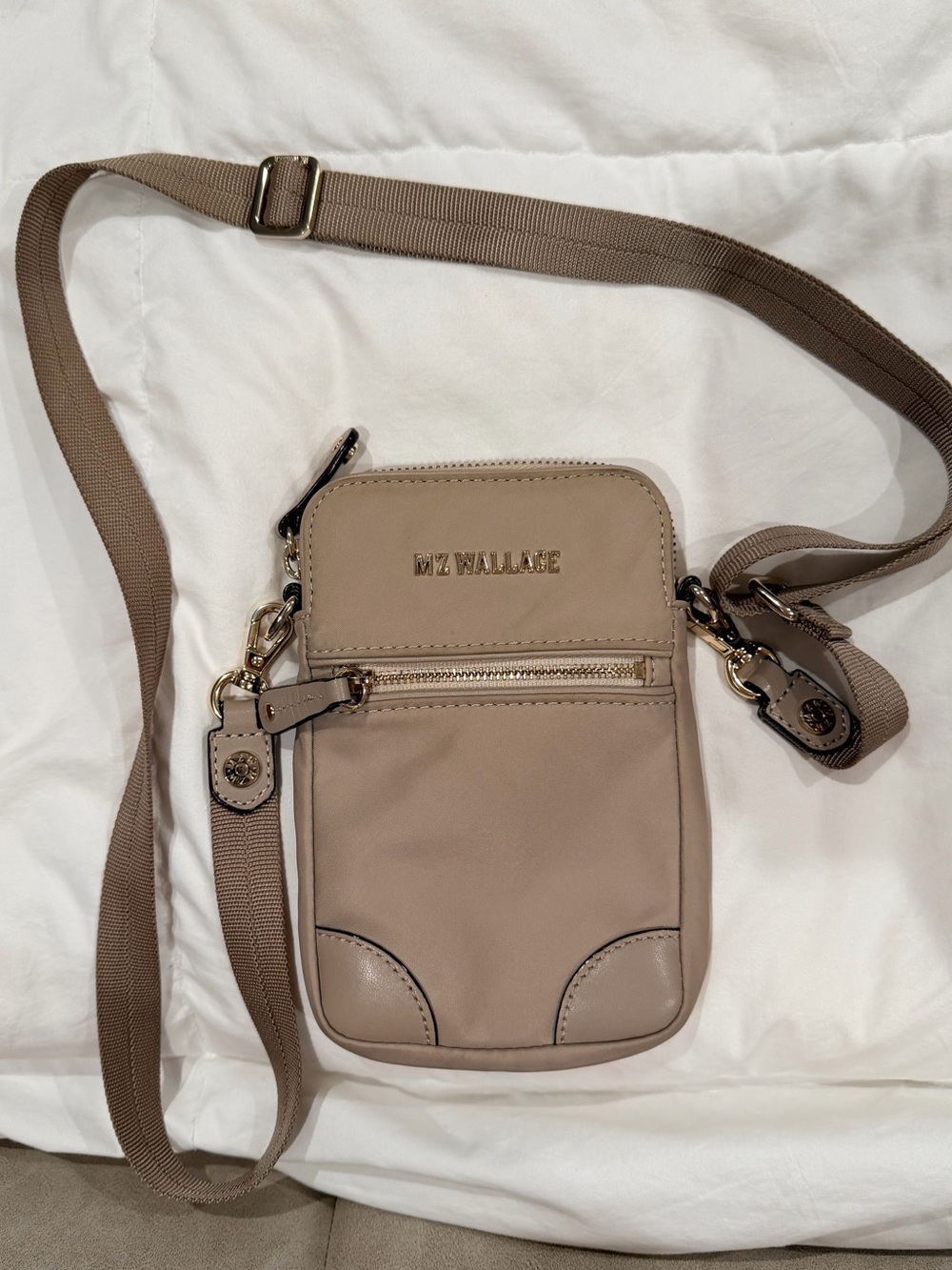 MZ Wallace metallic taupe crossbody pouch with red interior